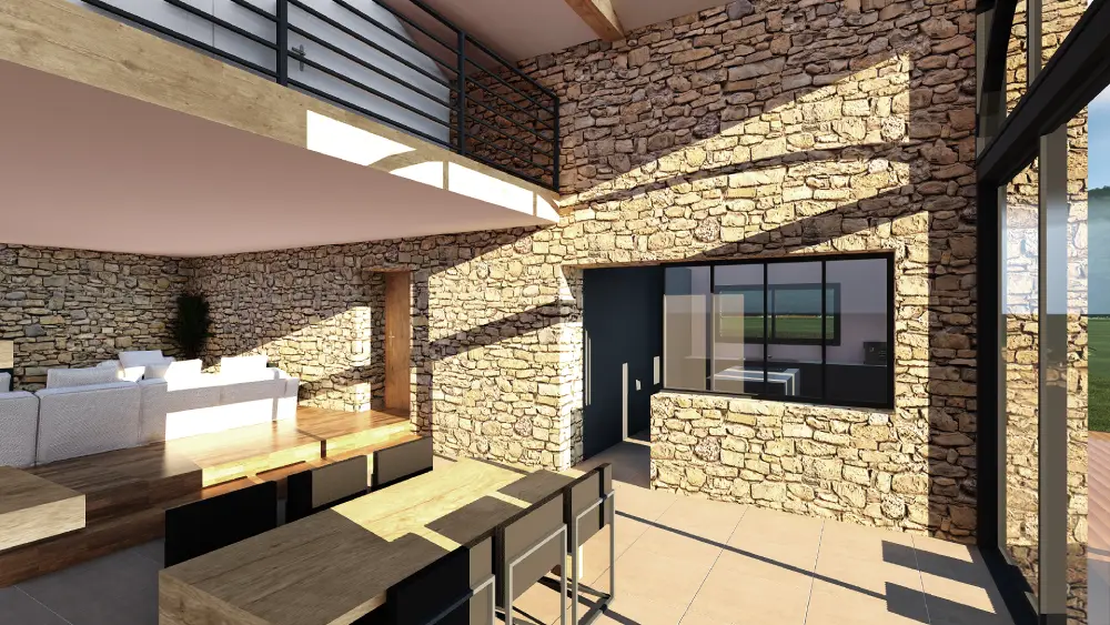 vue 3D de l'intérieur d'une grange rénovée avec murs en pierres apparentes